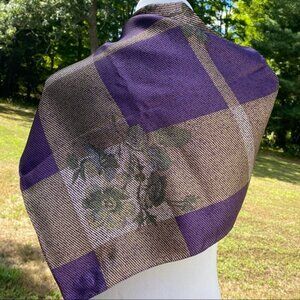 ELLEN TRACY SCARF PURPLE TAN WHITE GREEN FLORAL SILK LARGE SQUARE ACCESSORY